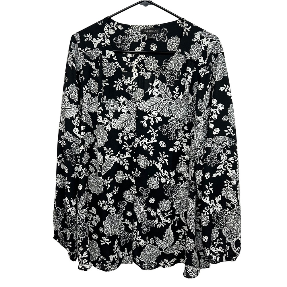 Lane Bryant Floral Blouse 16 Black White Button Front‎ Plus Size Work Top